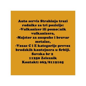 Auto servis Strahinja trazi radnike za tri pozicije